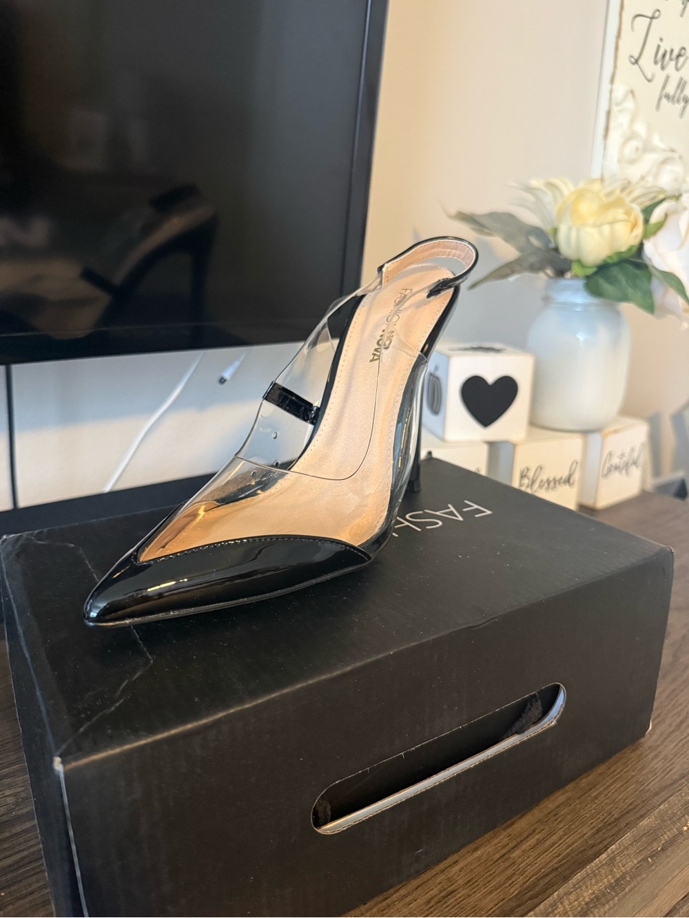 Fashion Nova Black Patent Pointed-Toe Clear Panel Slingback Heel